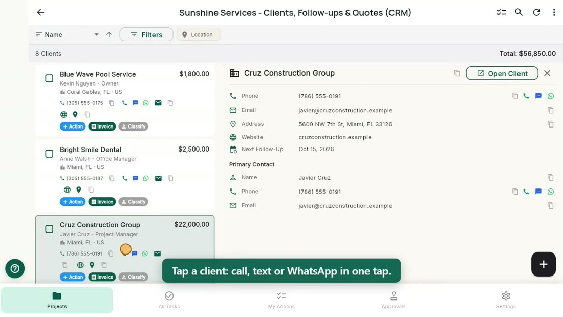 The Bee203 client list with one client open: phone, email, address and next follow-up.
