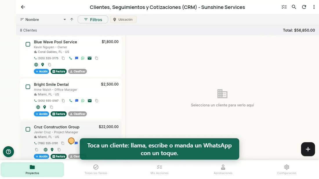 La lista de clientes de Bee203 con un cliente abierto: teléfono, correo, dirección y próximo seguimiento.